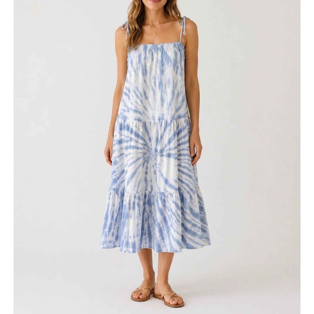 Lucky Brand Midi Dress Tie Dye Sleevy Boho Tiered Blue White Small